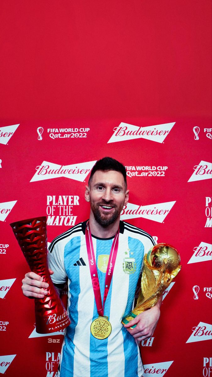 Messi after winning the World Cup and receiving Player Of The Match Trophy.